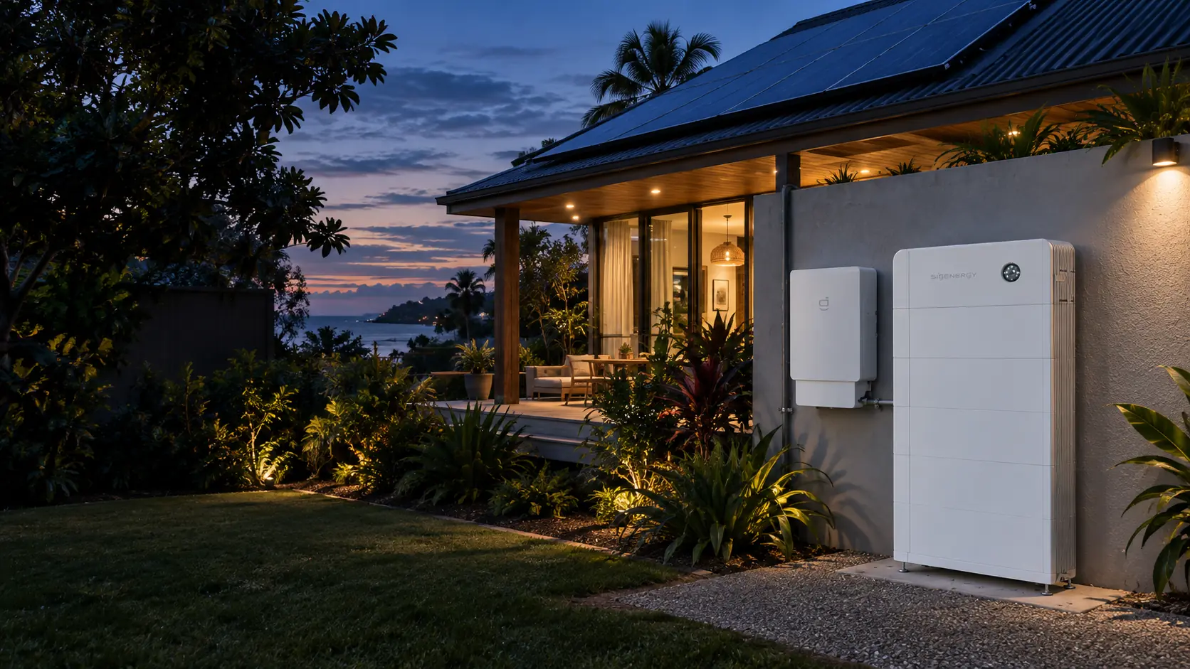 Illustration: a home at dusk with rooftop solar and a wall-mounted battery