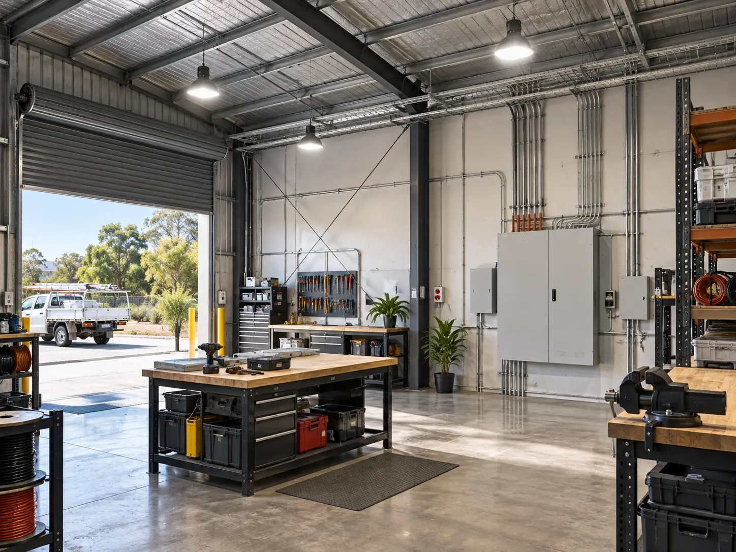 Workshop interior with lighting, conduits and an electrical cabinet