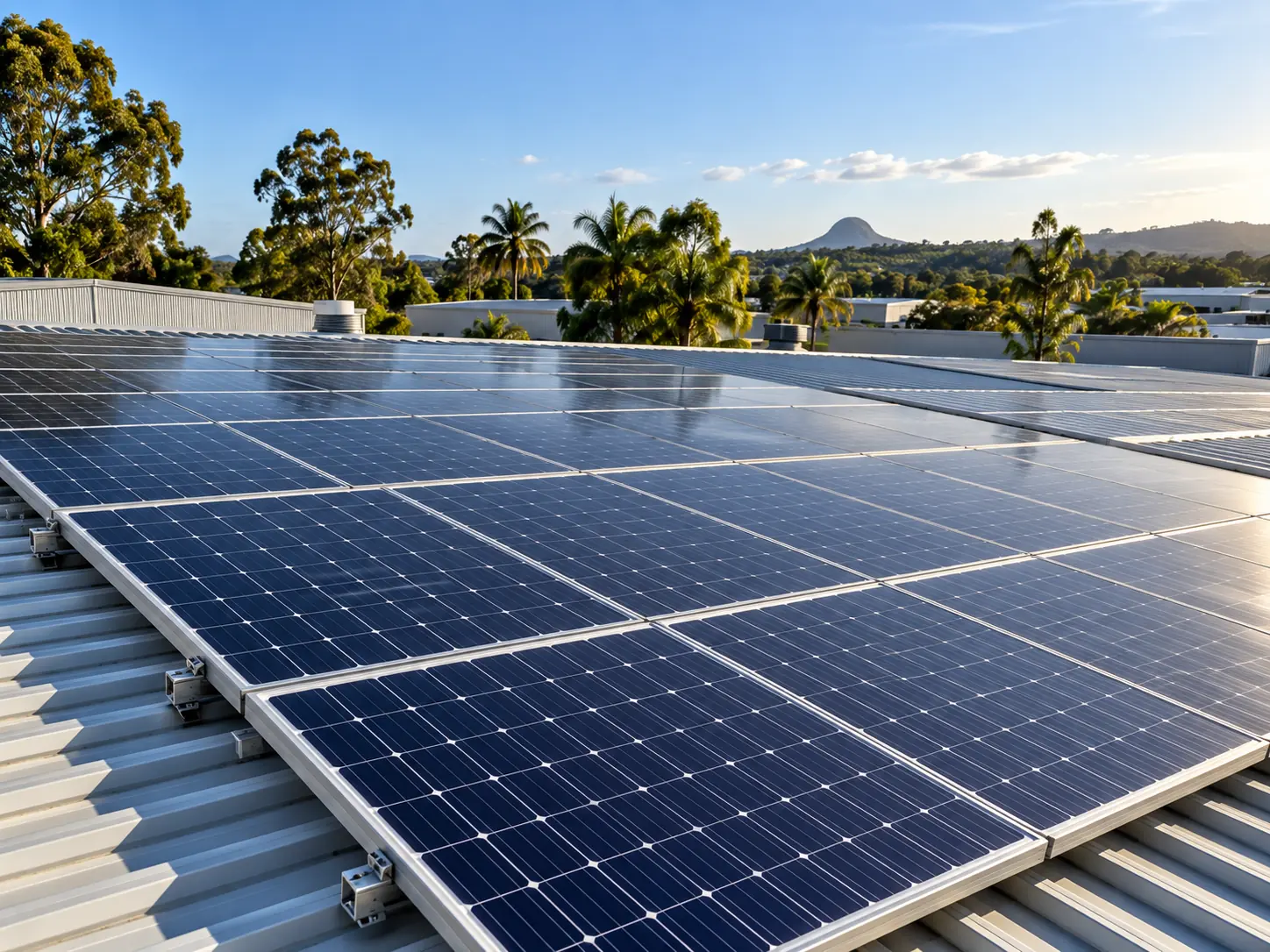 Solar panels on an industrial rooftop