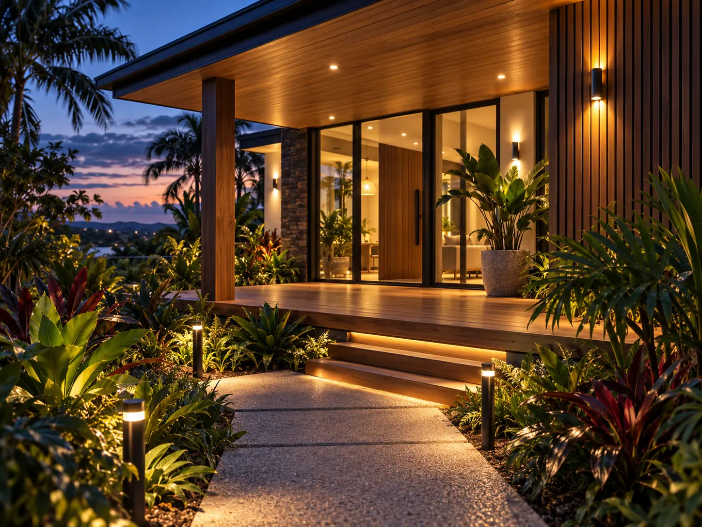 Warmly lit home exterior at dusk with garden path lighting